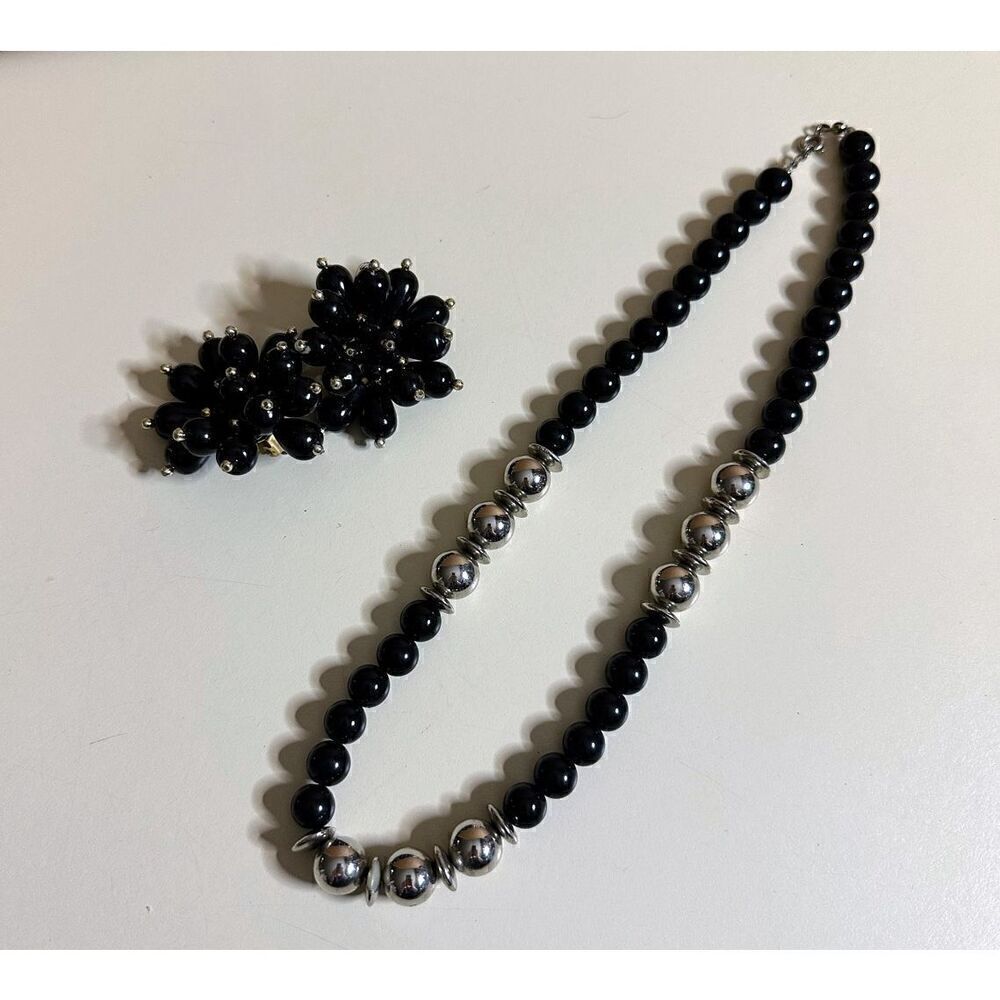 Vintage Black Beads Silver Beaded 9” Necklace with Matching Clip On Earrings